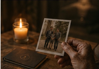 Hands holding a family photograph next to a candle